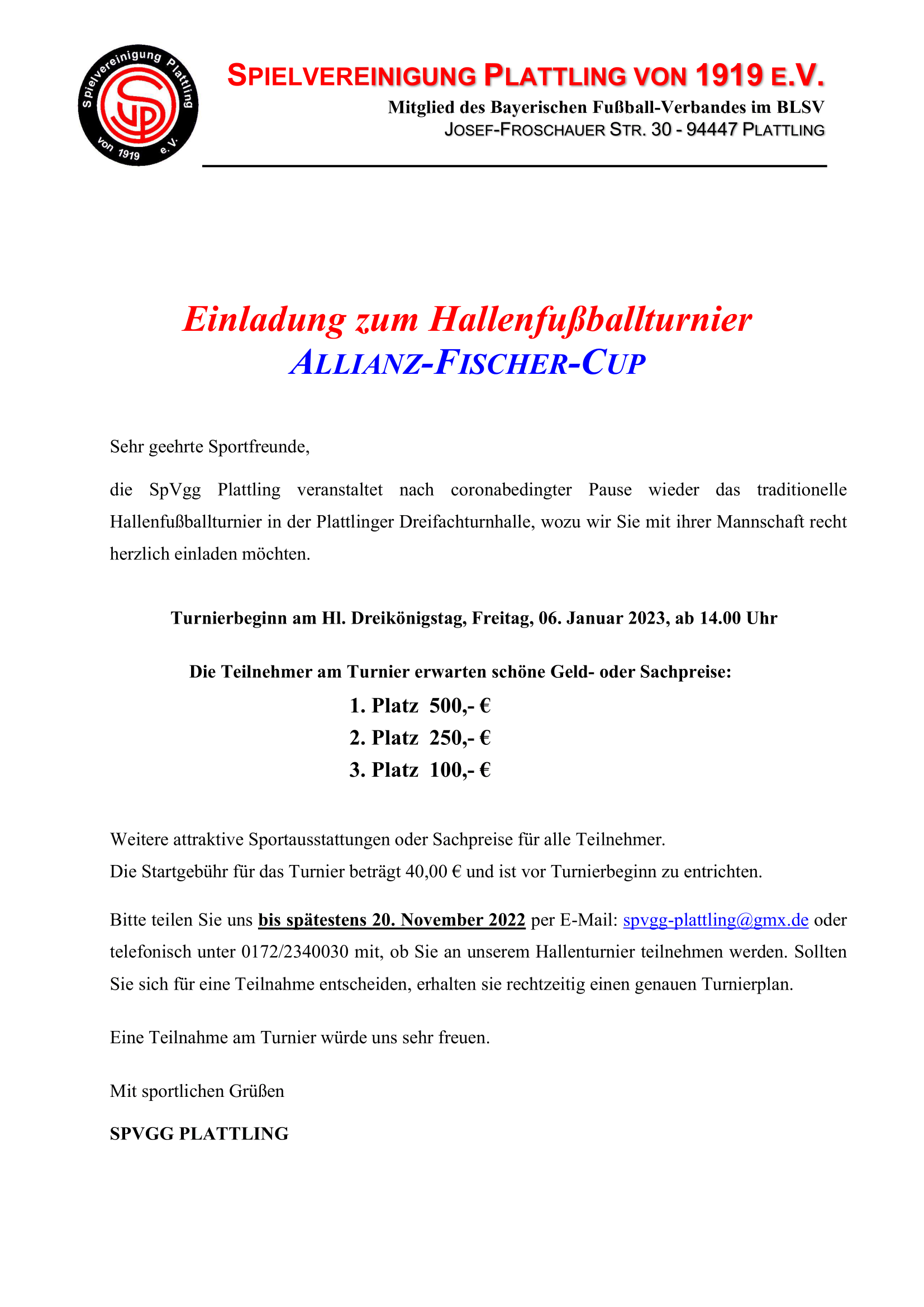 Einladung Hallenturnier